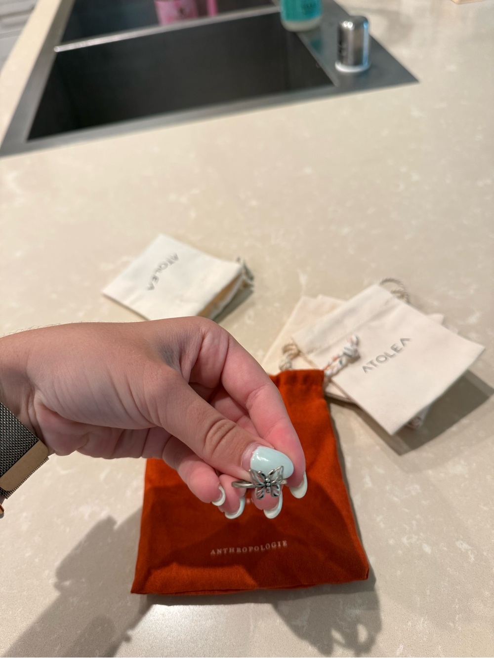 Anthropologie Silver Butterfly Ring with Pale Blue Accent